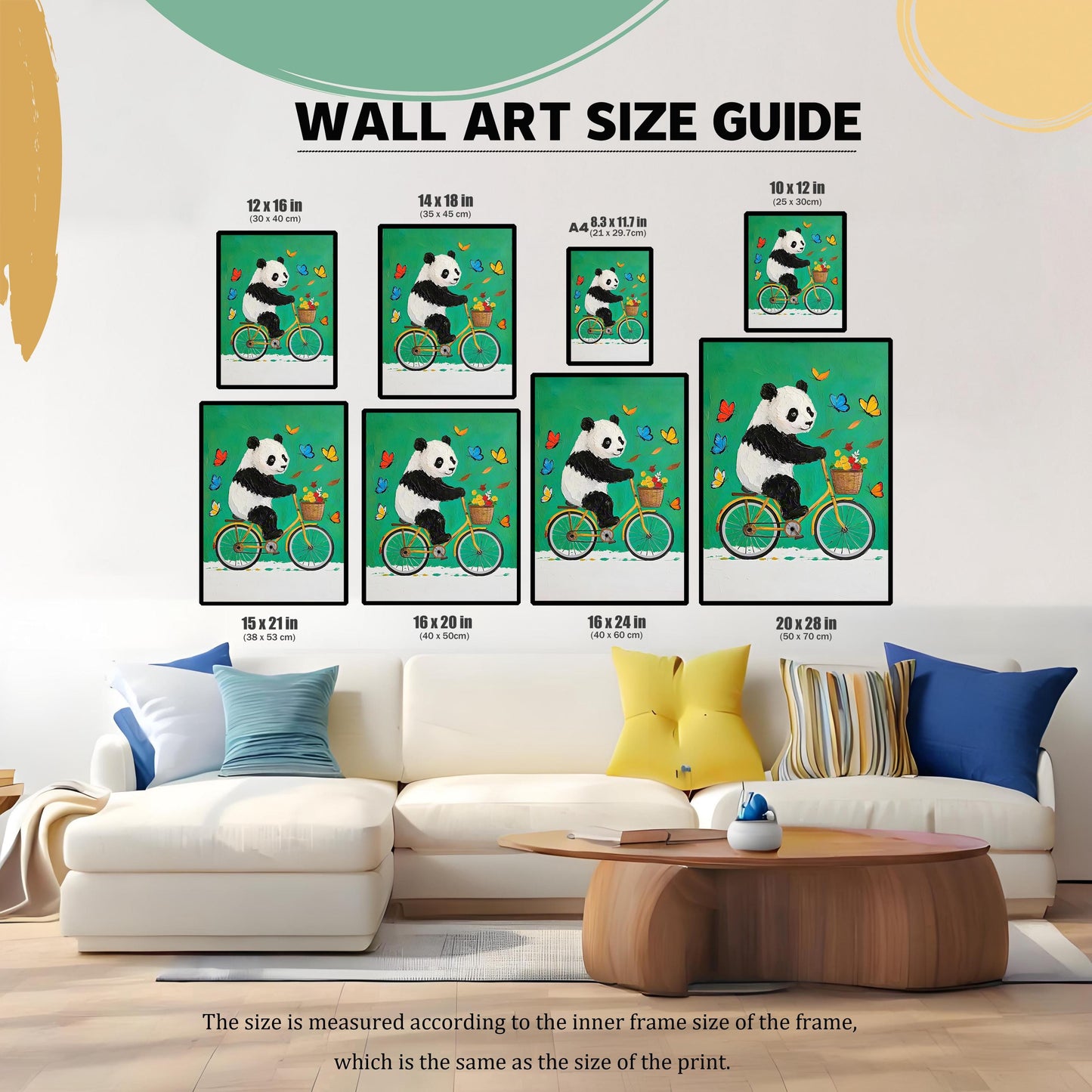 A wall art size guide showing the panda on a bike print in various common sizes (e.g., 12x16, 16x20, 20x28 inches) displayed above a white sofa.