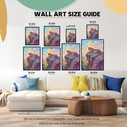 A wall art size guide showing the leopard on a cliff print in various common sizes (e.g., 12x16, 16x20, 20x28 inches) displayed above a white sofa.