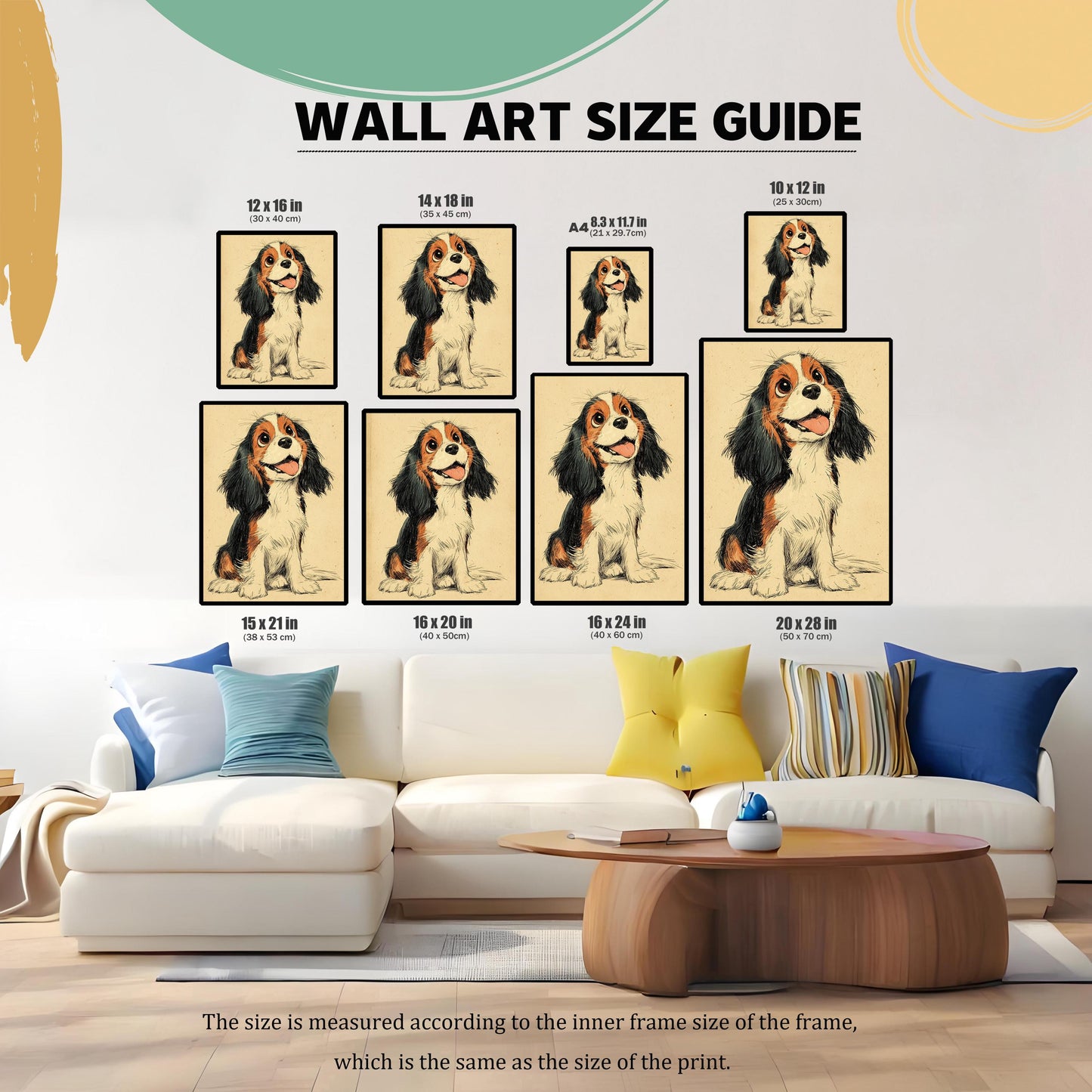 A wall art size guide displays a Cavalier King Charles Spaniel print in various sizes on a living room wall above a couch.
