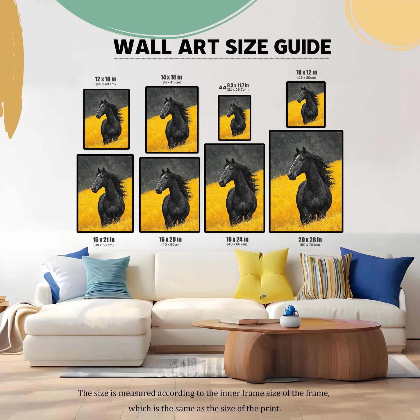 Wall art size guide showing the black horse print in various frame sizes (12x16 in to 20x28 in) arranged above a large white sectional couch.