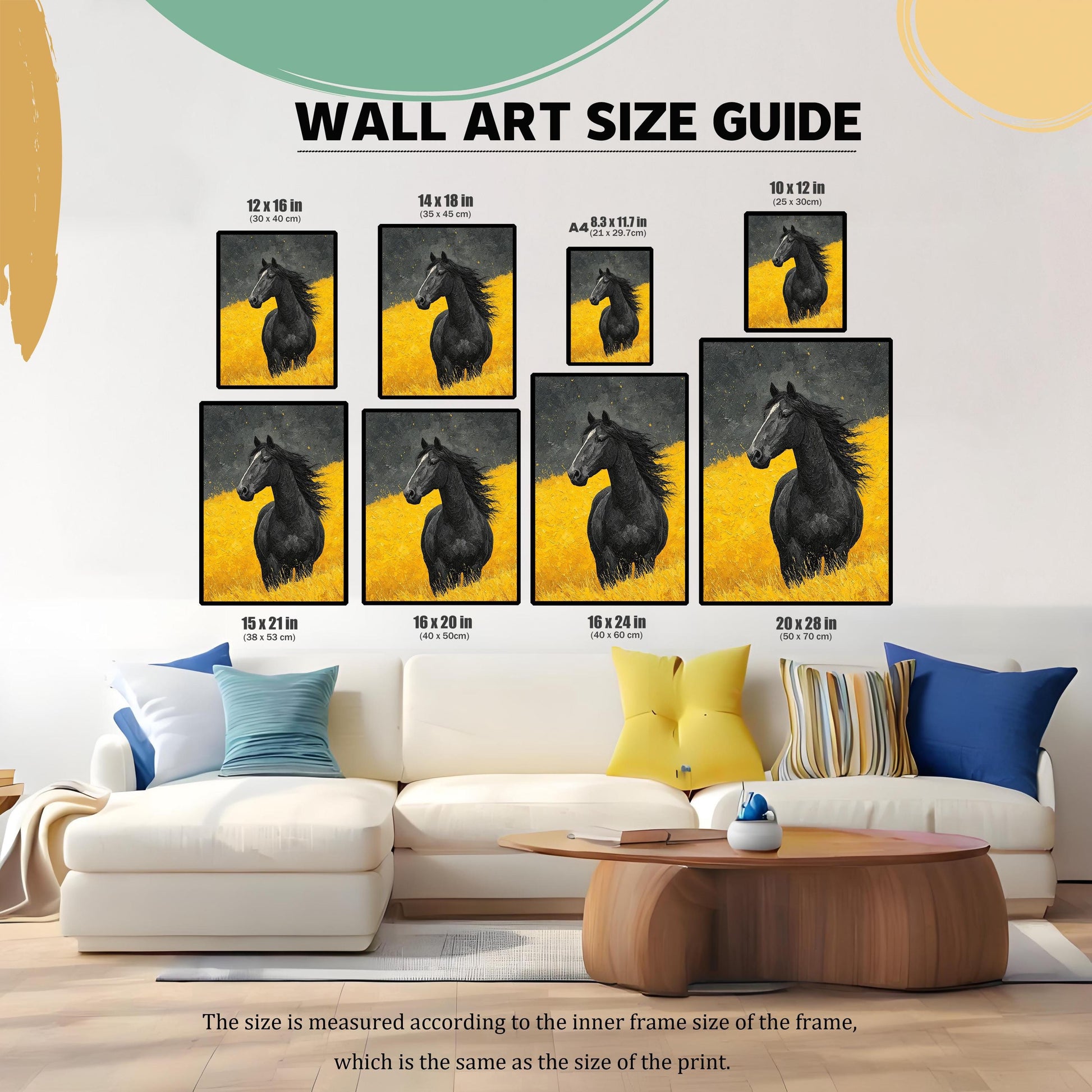 Wall art size guide showing the black horse print in various frame sizes (12x16 in to 20x28 in) arranged above a large white sectional couch.