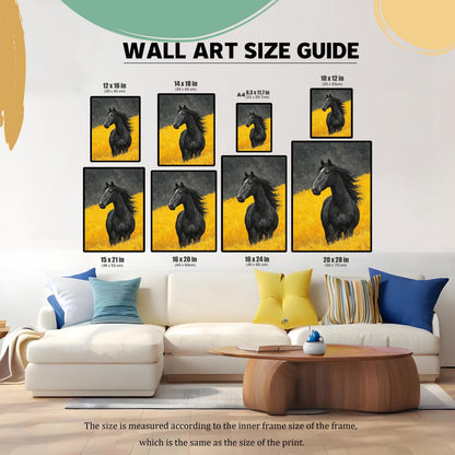 Wall art size guide showing the black horse print in various frame sizes (12x16 in to 20x28 in) arranged above a large white sectional couch.
