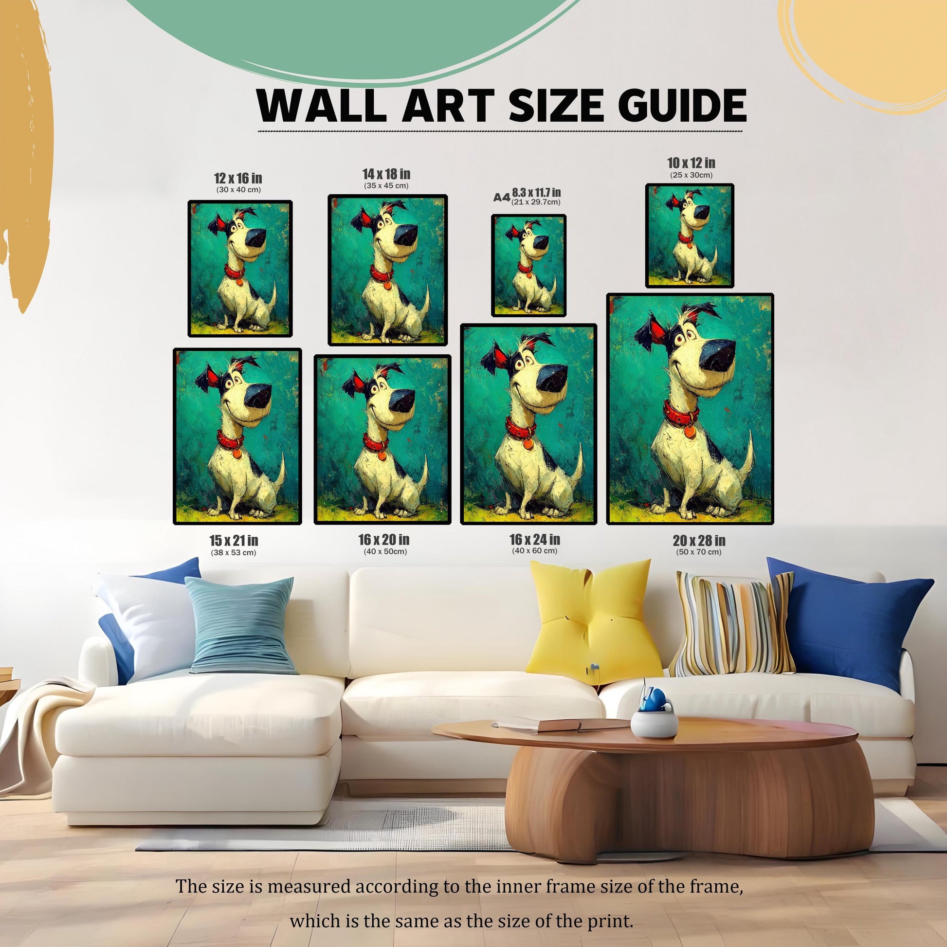 A **Wall Art Size Guide** shows the framed dog print in nine different sizes above a white couch.