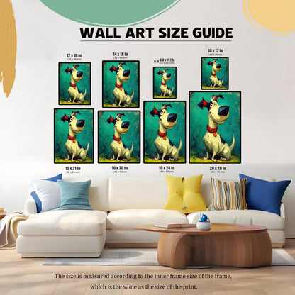 A **Wall Art Size Guide** shows the framed dog print in nine different sizes above a white couch.