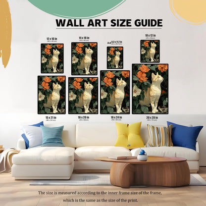 A "Wall Art Size Guide" showing a cat and flower print in eight different sizes placed over a white couch. Dimensions in inches and centimeters are listed above each print.