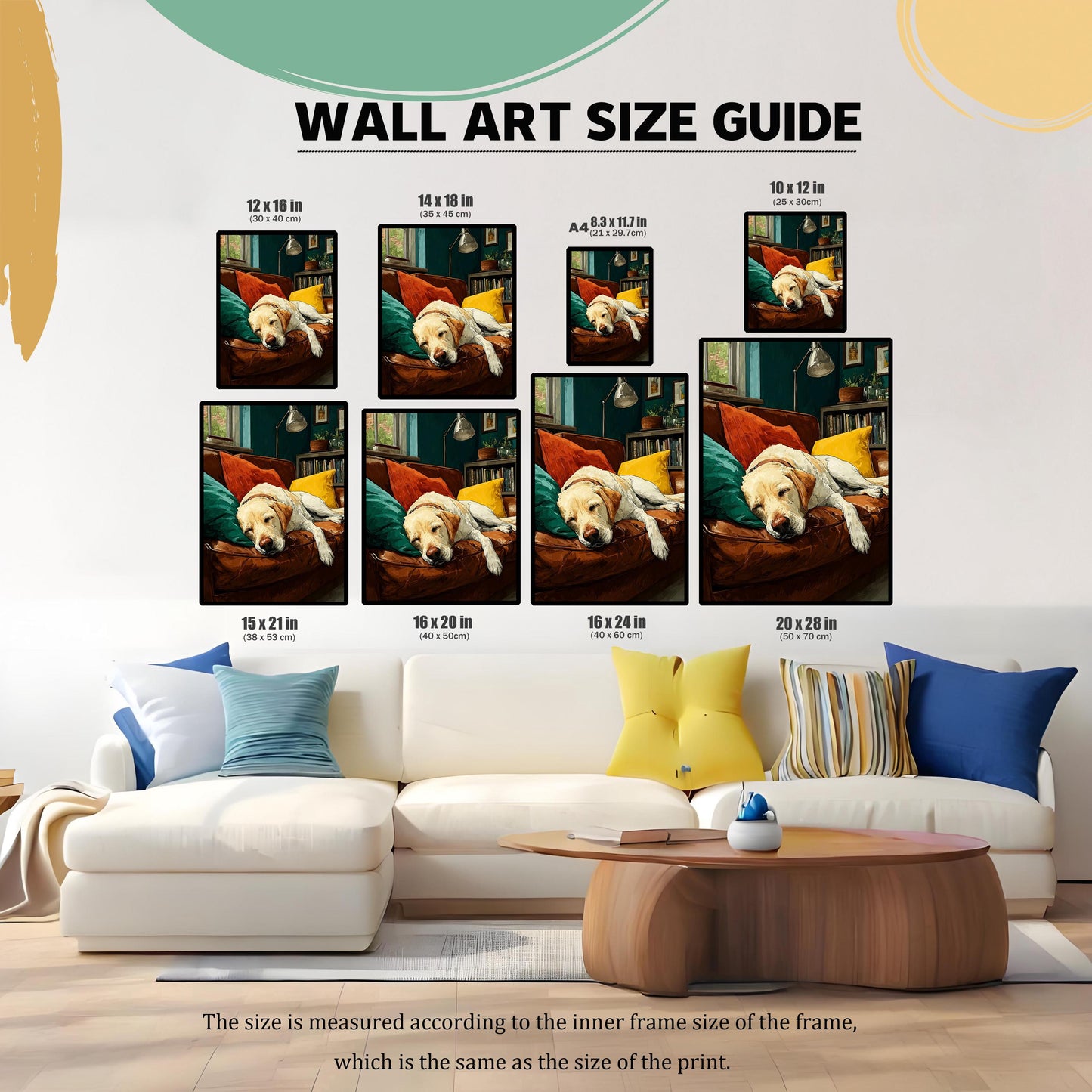 A wall art size guide displays a sleeping dog print in various sizes on a living room wall above a couch.