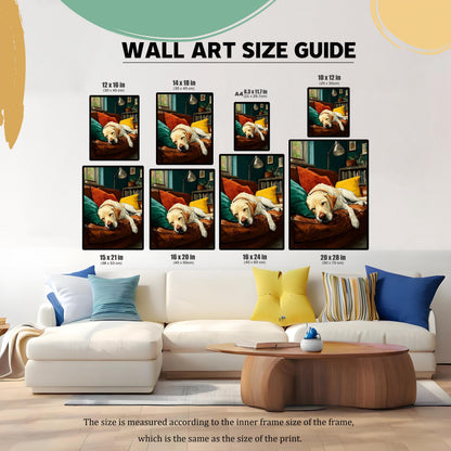 A wall art size guide displays a sleeping dog print in various sizes on a living room wall above a couch.
