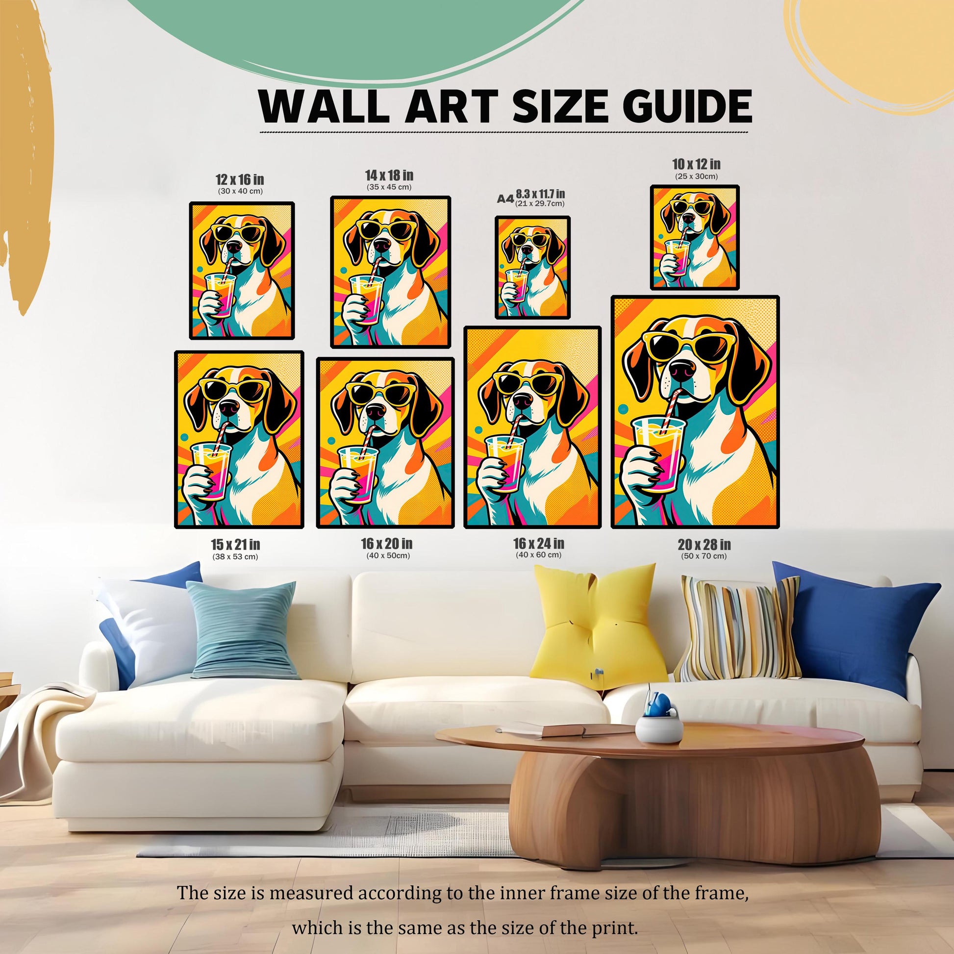 A wall art size guide displays a pop art beagle print in various sizes on a living room wall above a couch.