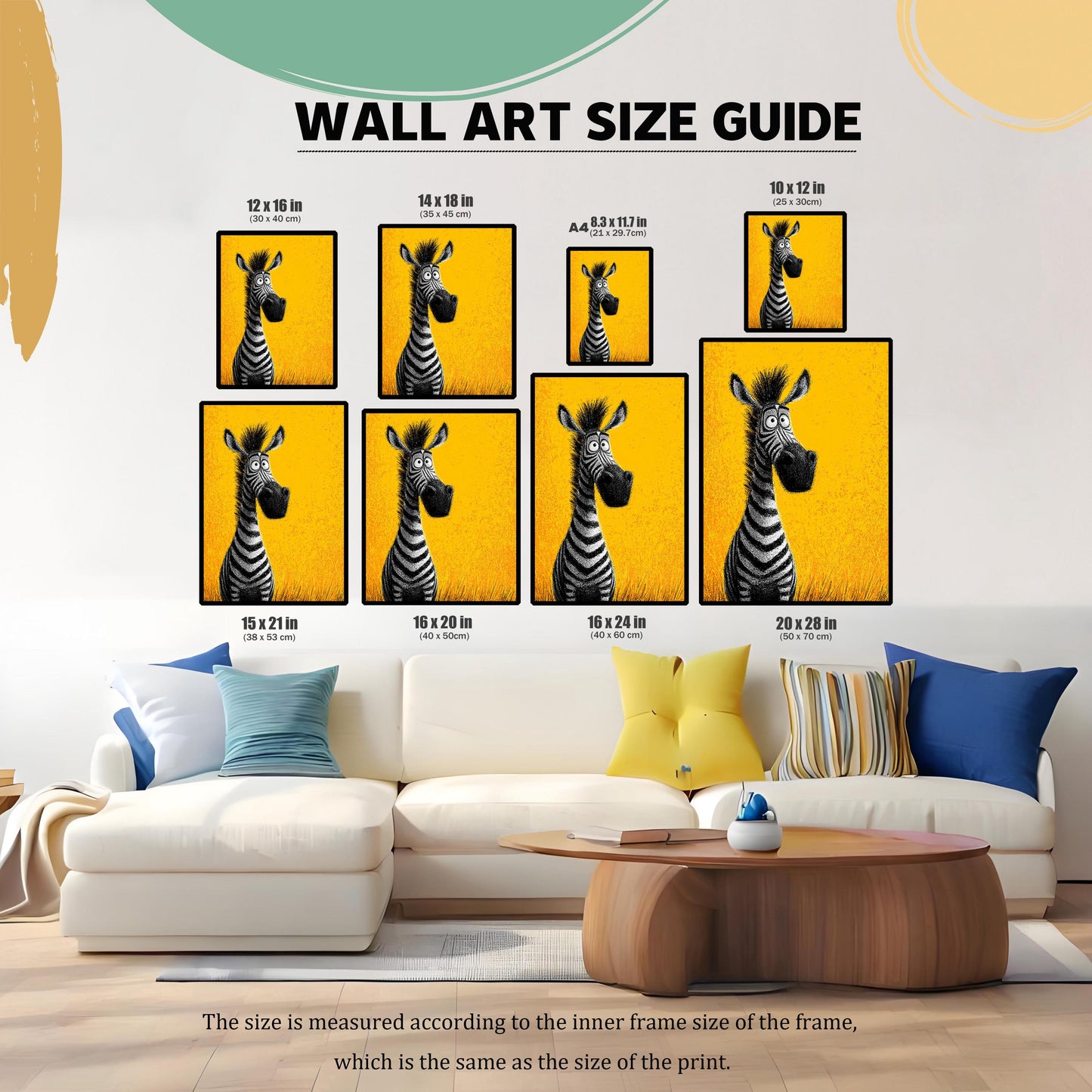 A size guide showing various frame sizes for the zebra painting. The image is a composite of different-sized prints arranged above a white couch in a living room setting.