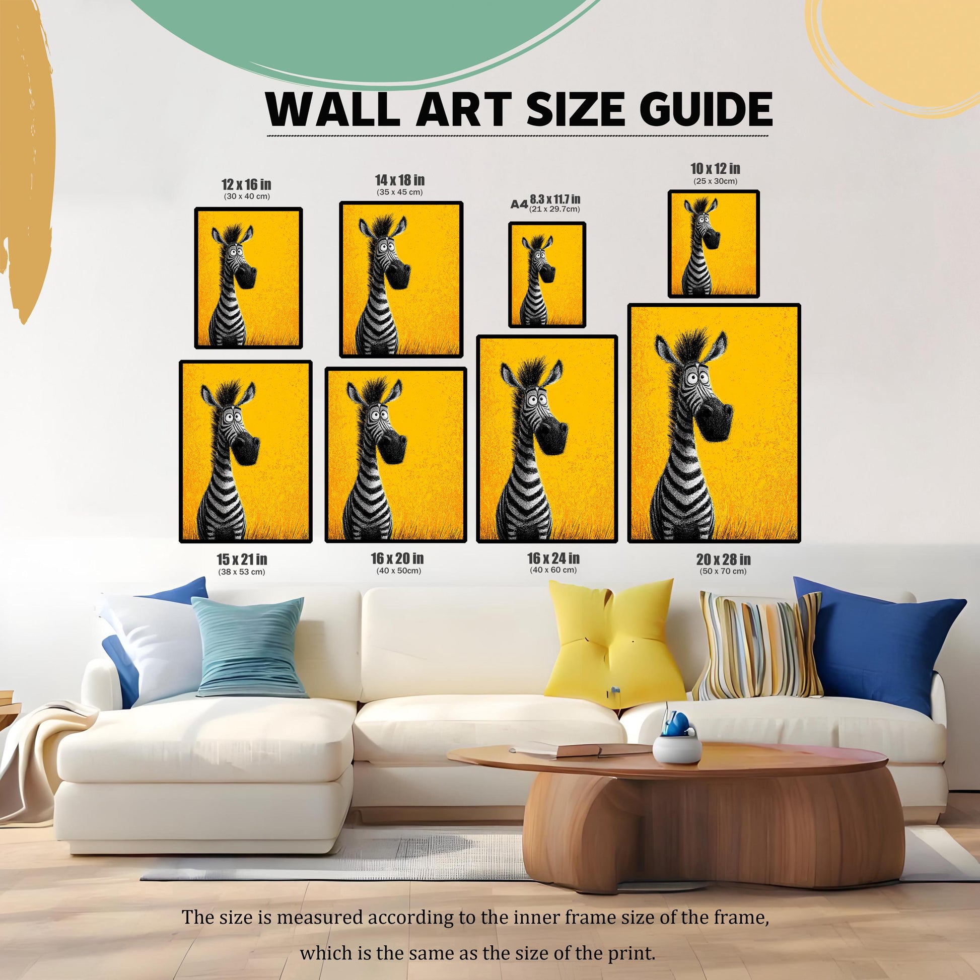A size guide showing various frame sizes for the zebra painting. The image is a composite of different-sized prints arranged above a white couch in a living room setting.