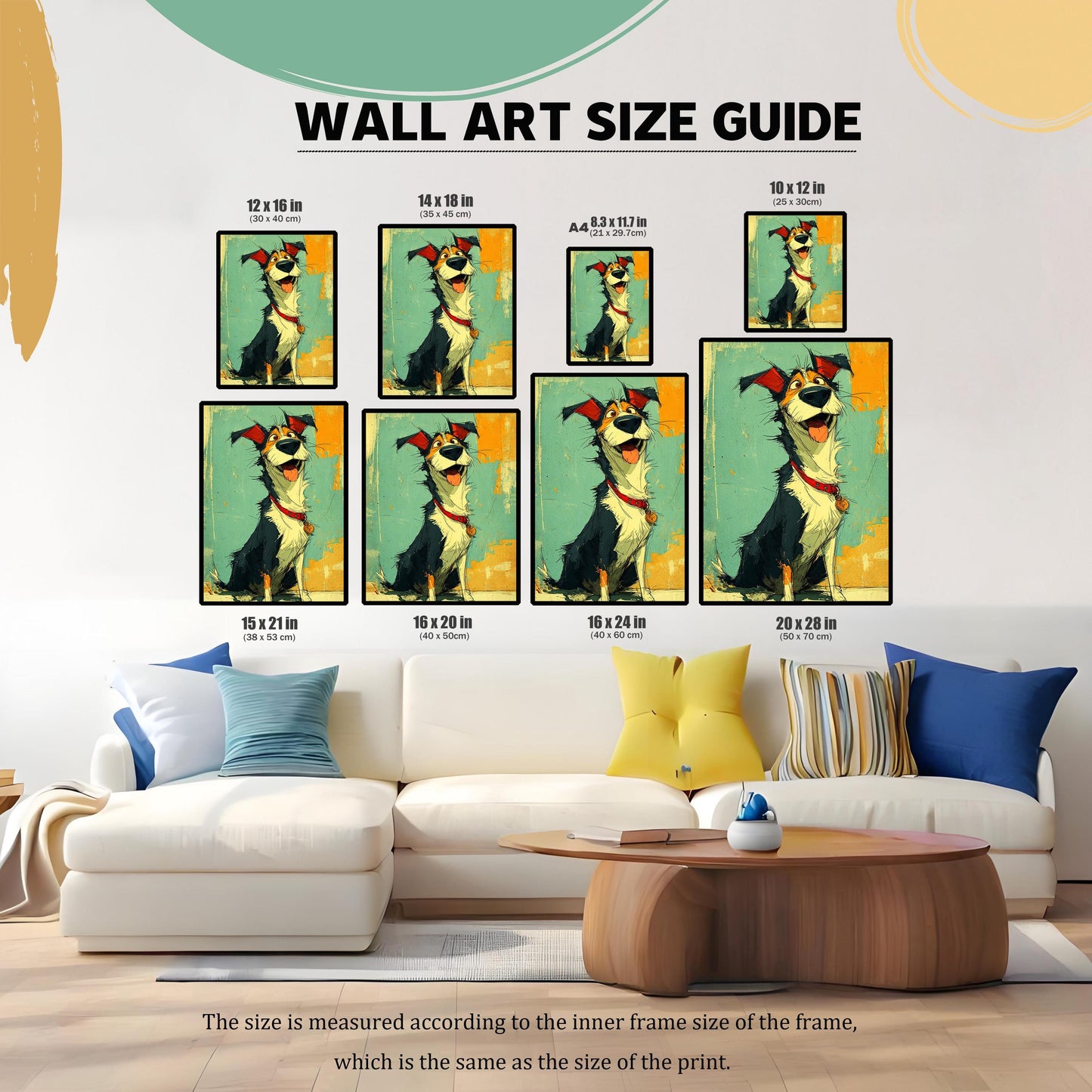 A size guide showing various frame sizes for the dog painting. The image is a composite of different-sized prints arranged above a white couch in a living room setting.