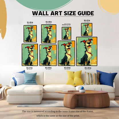 A size guide showing various frame sizes for the dog painting. The image is a composite of different-sized prints arranged above a white couch in a living room setting.