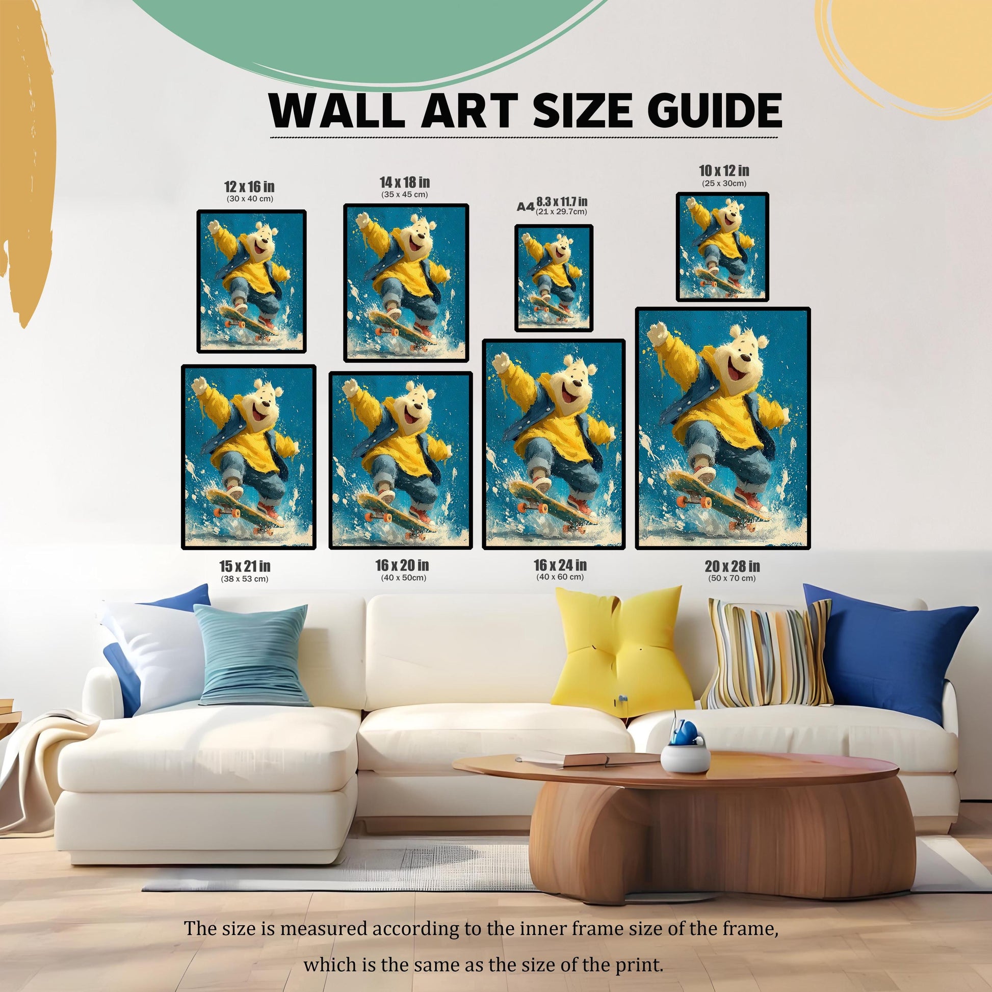 A wall art size guide showing the polar bear print in various sizes above a white couch.