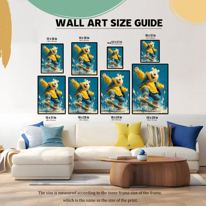 A wall art size guide showing the polar bear print in various sizes above a white couch.