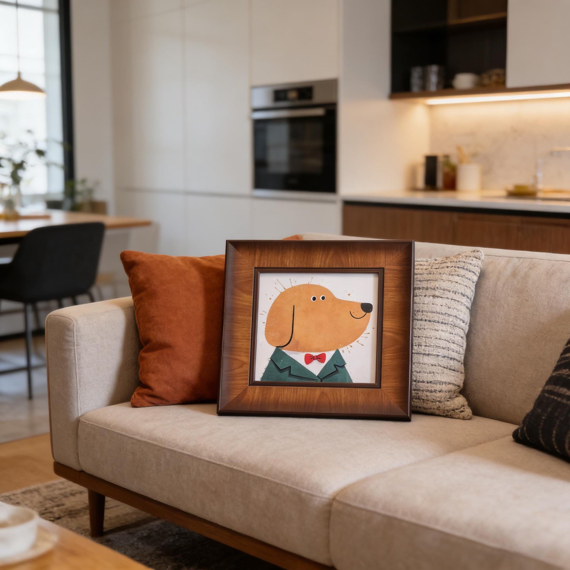 A square framed dog portrait in a modern living room setting, leaning against a beige sofa between orange and textured grey cushions.