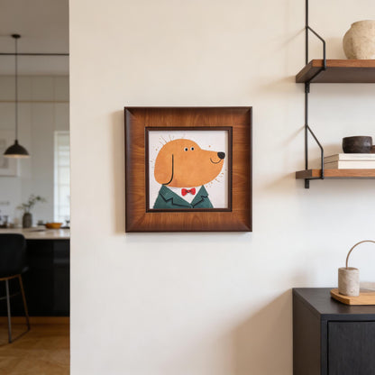 Framed cartoon dog artwork with wooden frame hanging on a light wall beside shelves in a modern home interior.