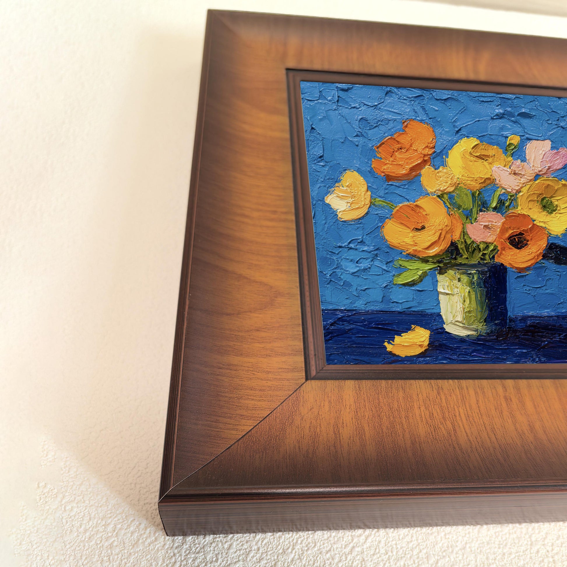 Detailed close-up of the dark wood frame and the thick, textured impasto brushwork of a floral art print.