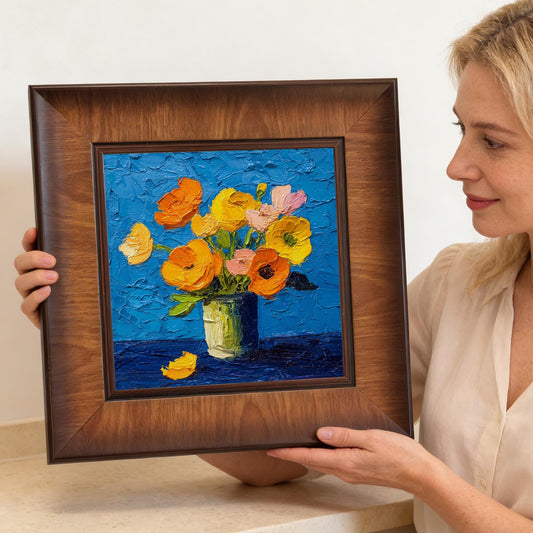 A woman holding a square dark wood-framed floral art piece, showcasing the size and the vibrant yellow and orange impasto texture.