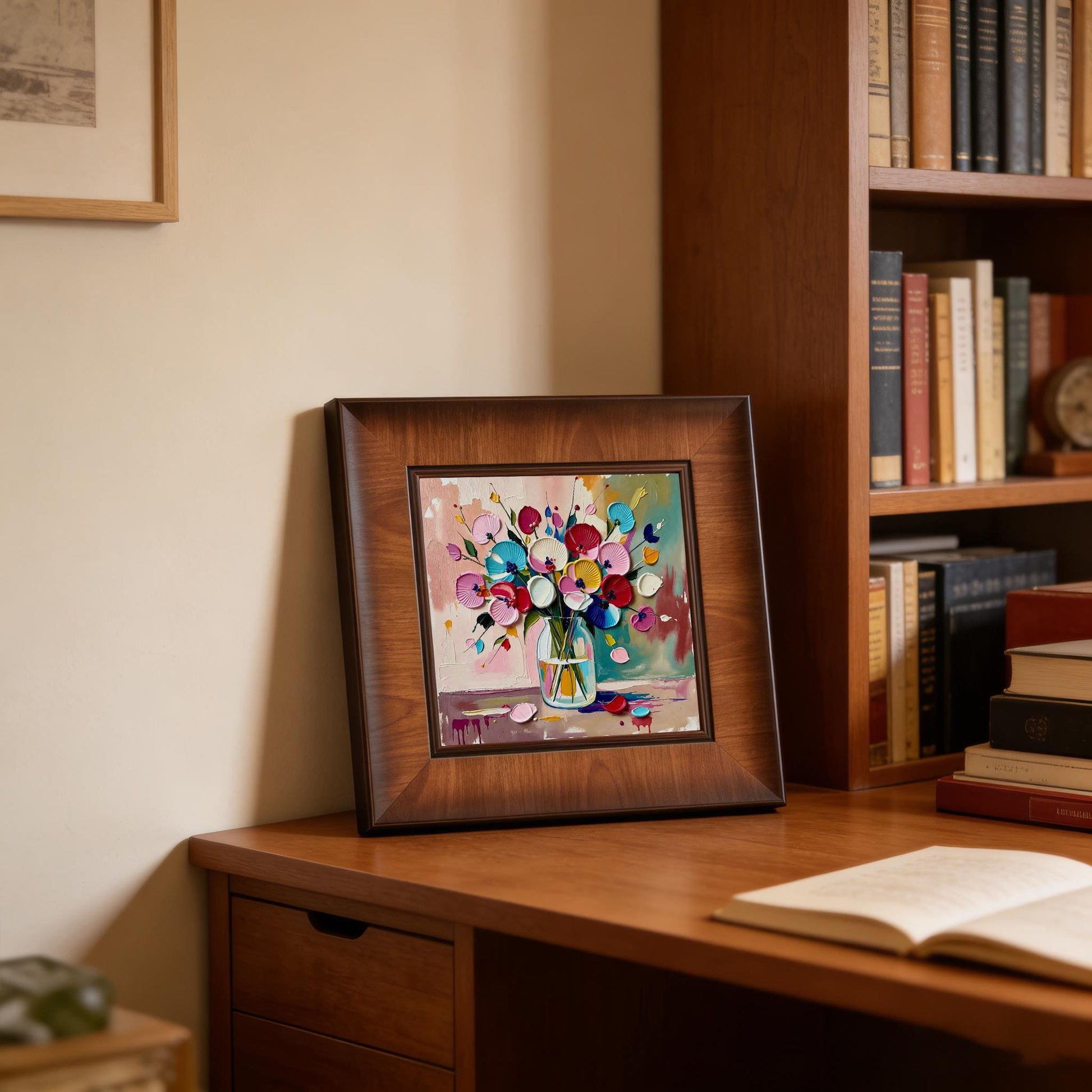 Square floral wall art leaning against a beige wall on a wooden desk next to a bookshelf, creating a cozy home office atmosphere.