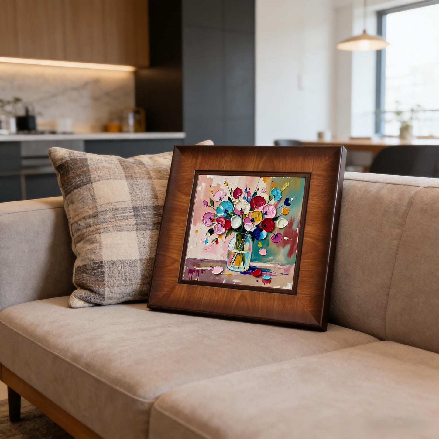 Square impasto flower painting in a rich wood frame leaning against a grey sofa cushion in a modern, open-concept living space