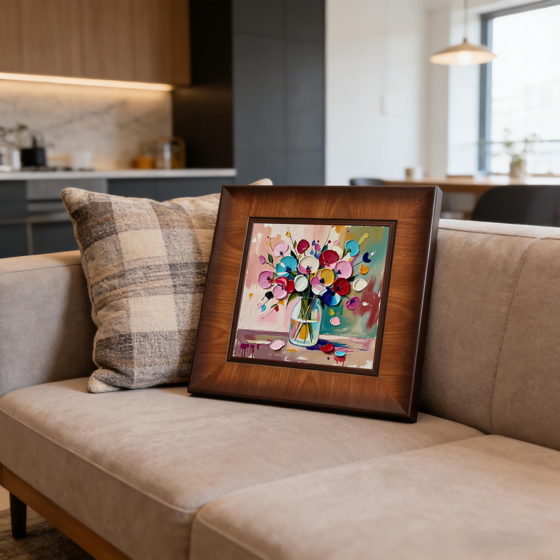 Square impasto flower painting in a rich wood frame leaning against a grey sofa cushion in a modern, open-concept living space