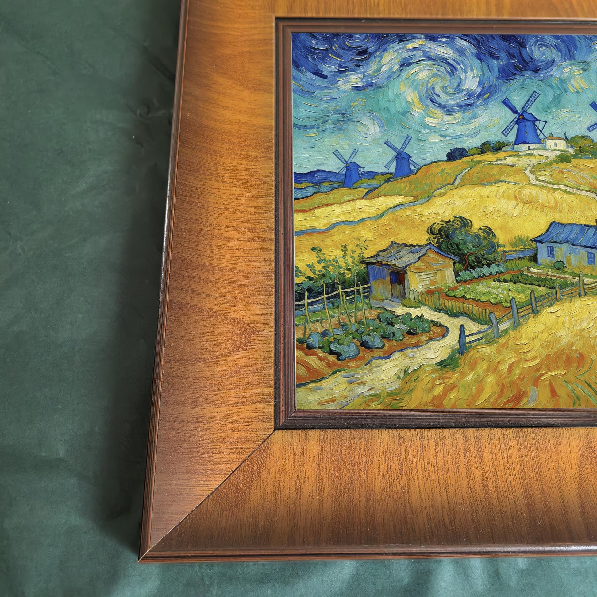 Macro detail shot of the bottom left corner of a solid wood frame, showing the seamless joinery and the textured impasto brushstrokes of the print.