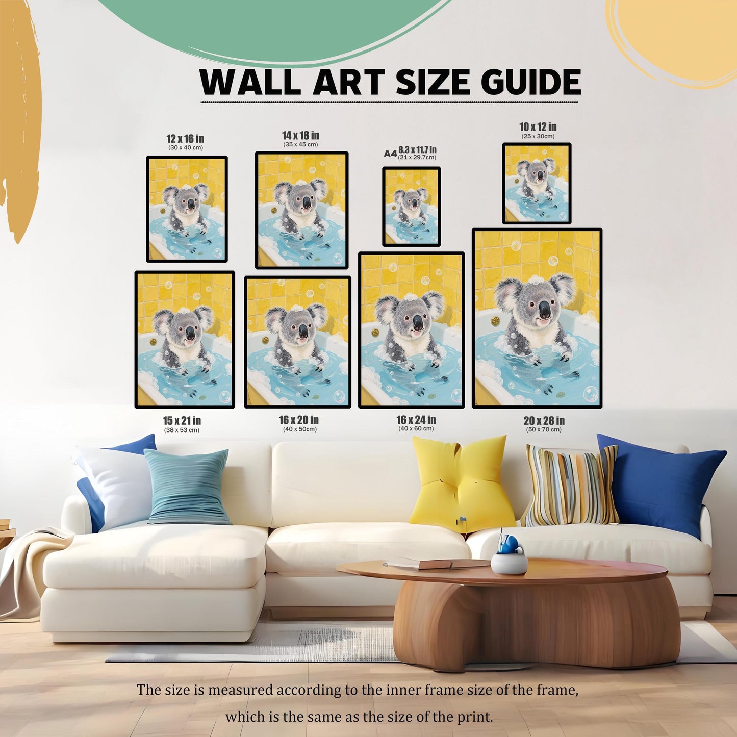 A size guide showing framed prints of a koala in a bathtub on a white couch. The prints are shown in different sizes, including 12x16, 14x18, 8.3x11.7, 10x12, 15x21, 16x20, 16x24, and 20x28.