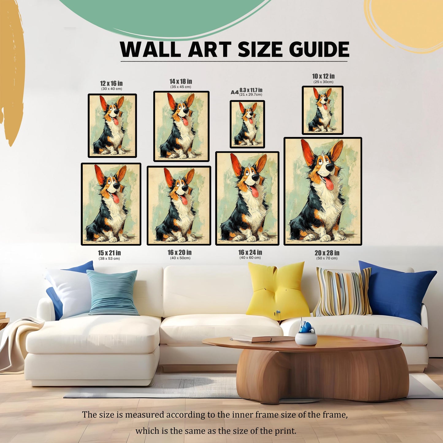 A wall art size guide showing eight different sizes of a Corgi painting arranged over a white couch and coffee table. Sizes range from 8.3x11.7 in to 20x28 in.