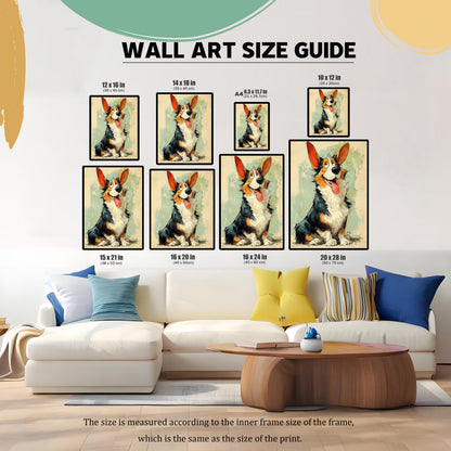 A wall art size guide showing eight different sizes of a Corgi painting arranged over a white couch and coffee table. Sizes range from 8.3x11.7 in to 20x28 in.
