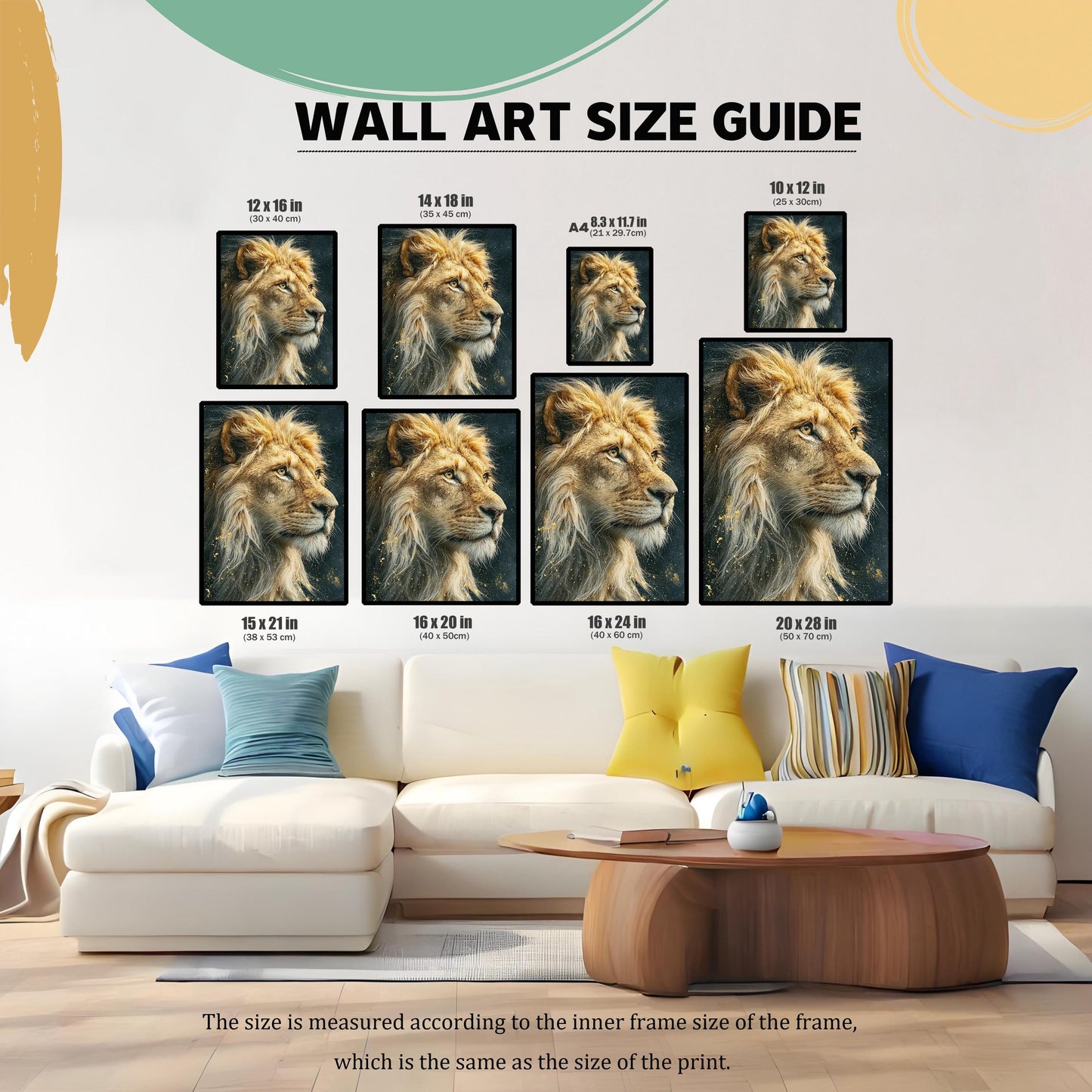A size guide showing various frame sizes for the lion painting. The image is a composite of different-sized prints arranged above a white couch in a living room setting.