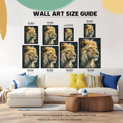 A size guide showing various frame sizes for the lion painting. The image is a composite of different-sized prints arranged above a white couch in a living room setting.