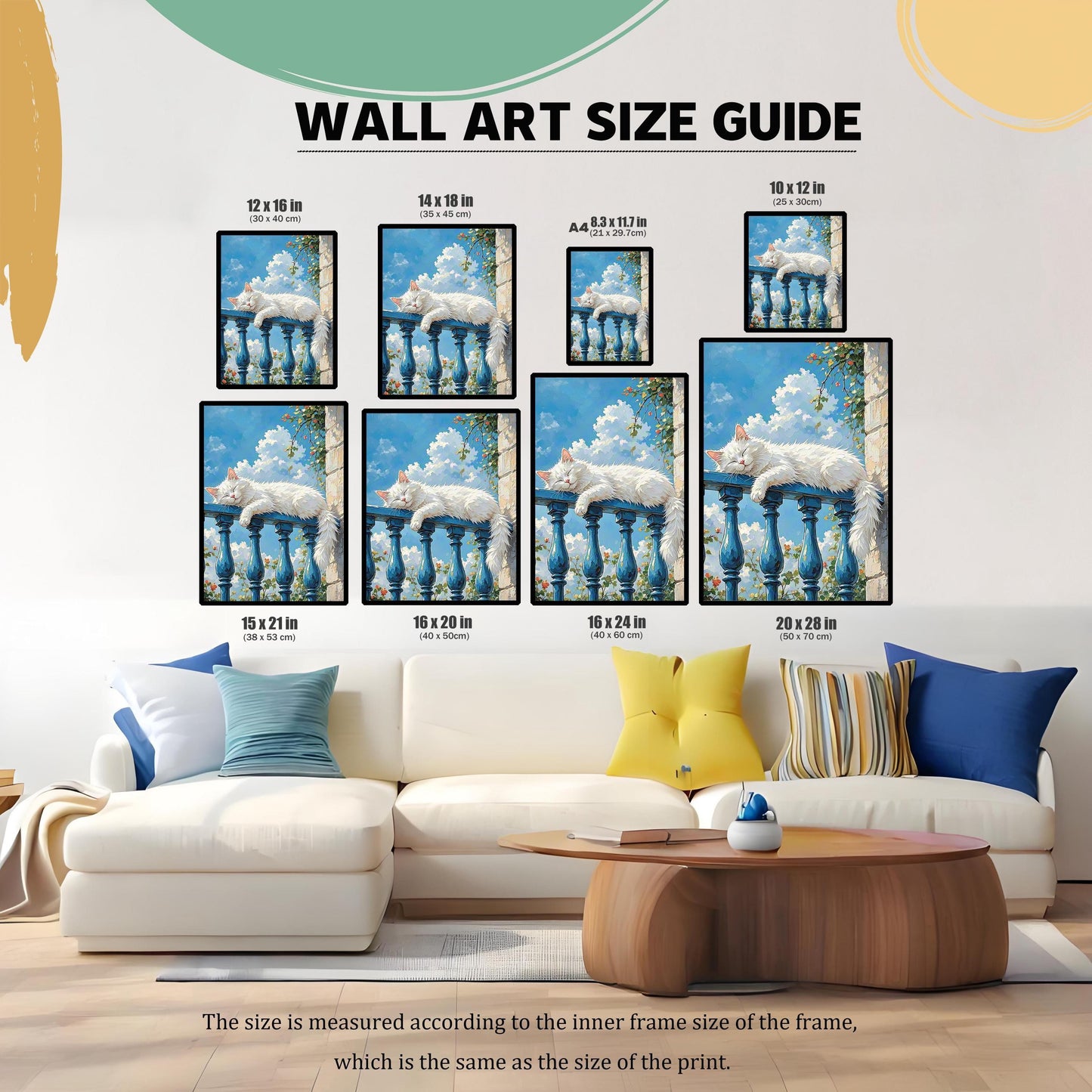 A "Wall Art Size Guide" showing various sizes of the cat art, from 8.3x11.7 in to 20x28 in, hanging above a white sofa.