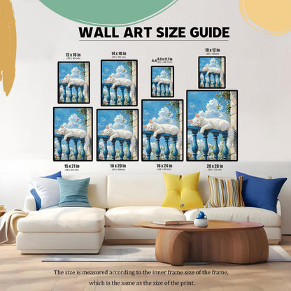 A "Wall Art Size Guide" showing various sizes of the cat art, from 8.3x11.7 in to 20x28 in, hanging above a white sofa.