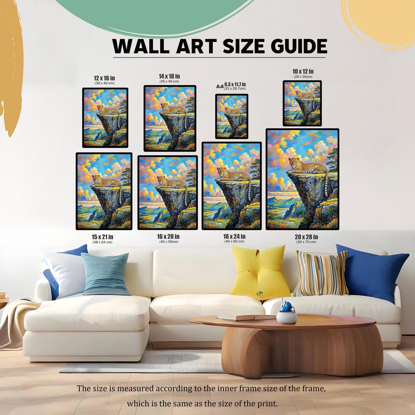 A size guide graphic showing a couch and various sizes of the leopard painting hanging on a wall above it.