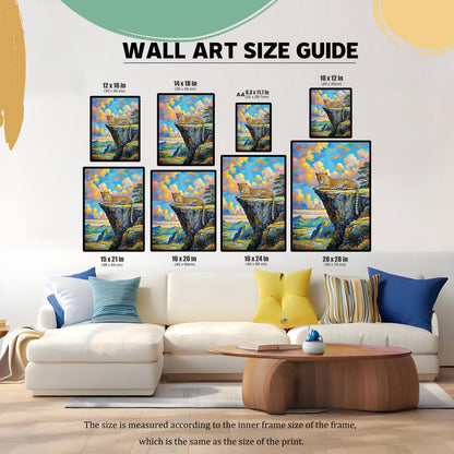 A size guide graphic showing a couch and various sizes of the leopard painting hanging on a wall above it.