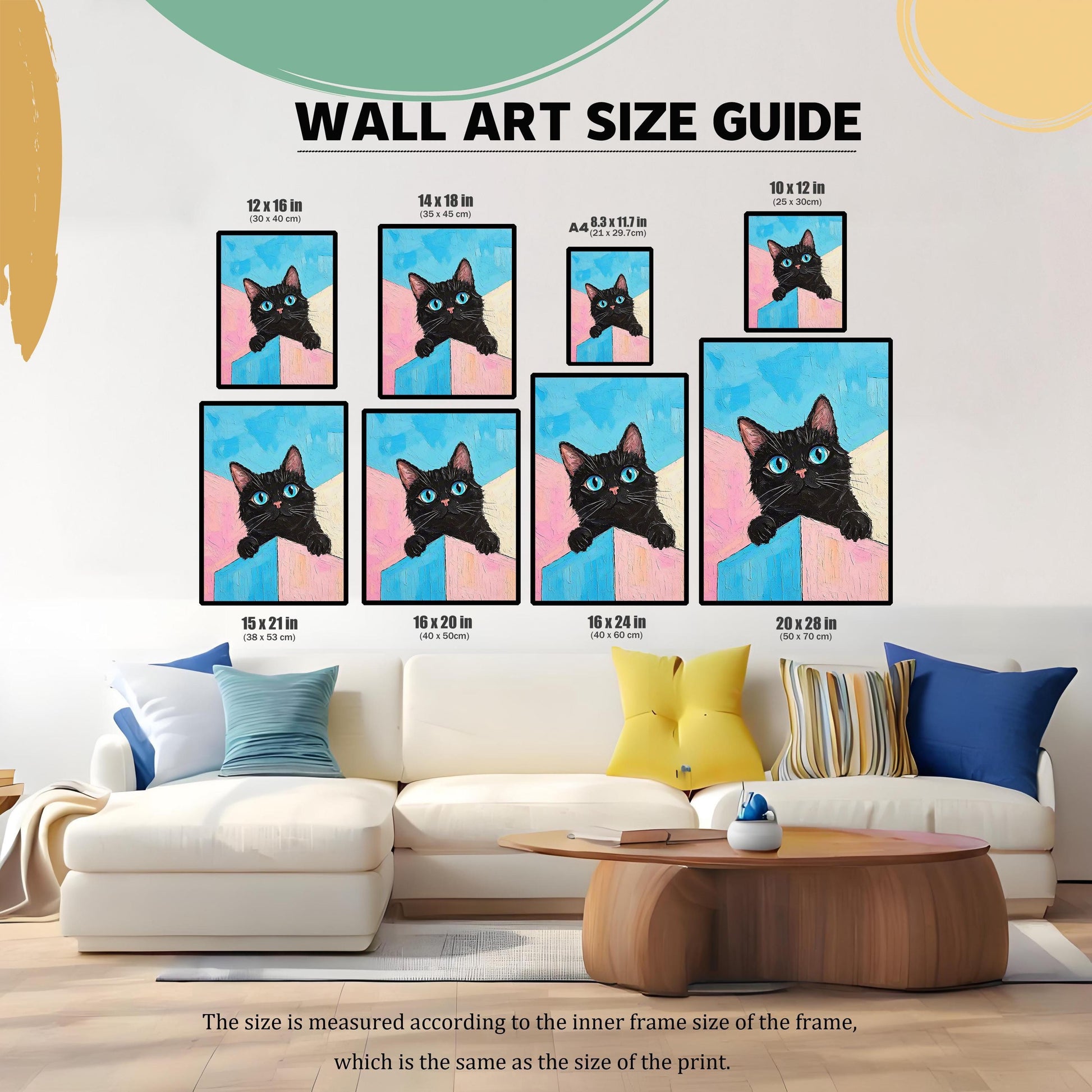 A wall art size guide displays a black cat painting in different sizes over a white couch.