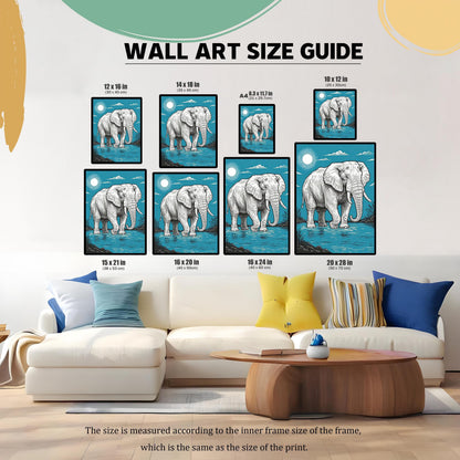 A "Wall Art Size Guide" showing an elephant painting in various sizes arranged on a wall above a large white couch.