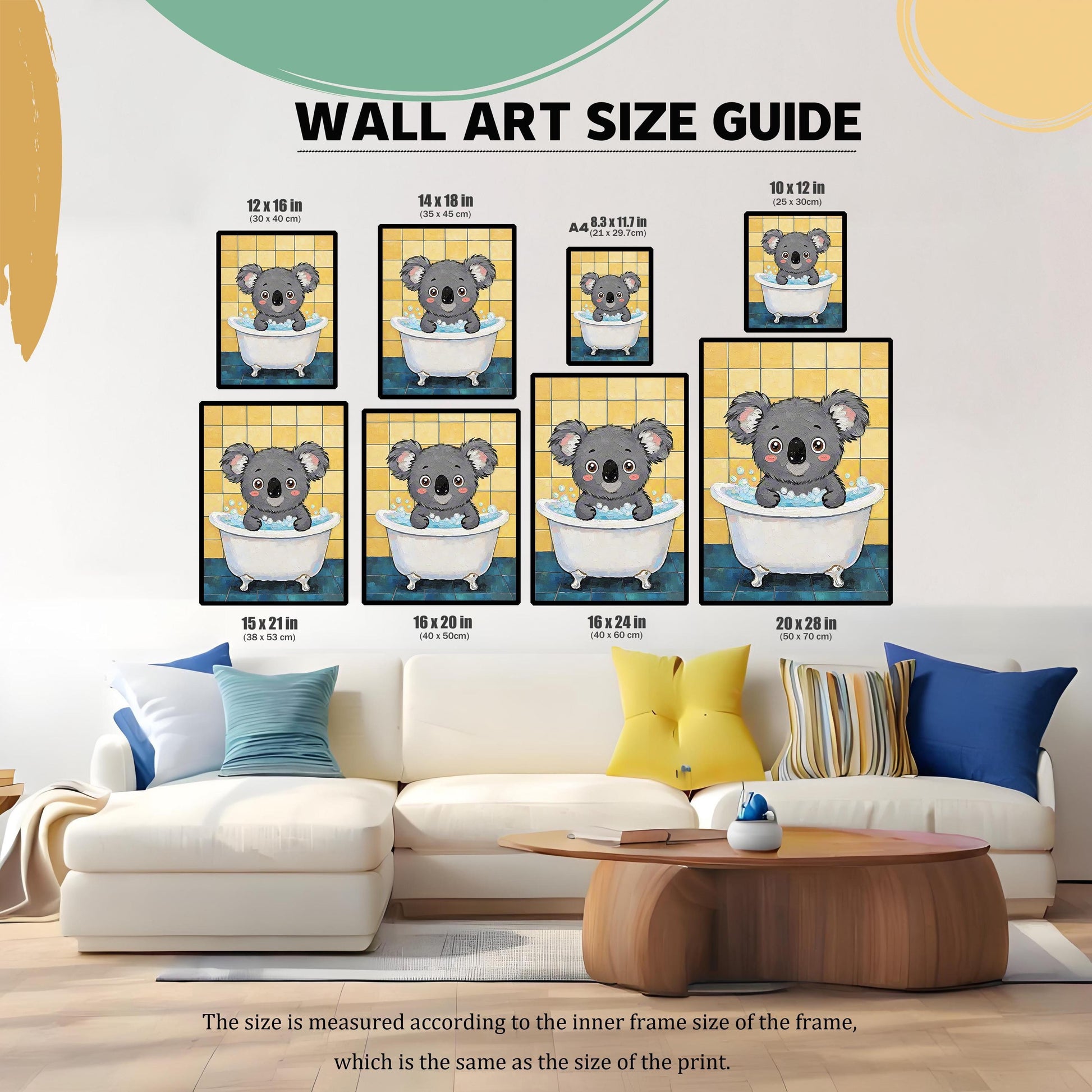 A wall art size guide showing nine different sizes of the koala print arranged on a wall above a couch. Sizes range from 8.3x11.7 inches to 20x28 inches.
