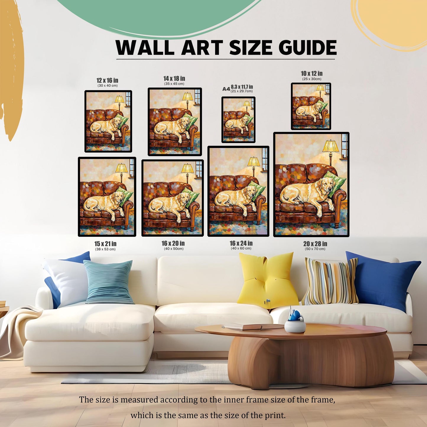 A size guide showing various framed art sizes featuring a yellow lab on a couch, positioned above a white couch in a living room. The sizes range from 8.3x11.7 inches to 20x28 inches.