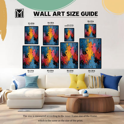 Wall art size guide showing multiple print size options (12x16 in, 14x18 in, A4, 10x12 in, 15x21 in, 16x20 in, 16x24 in, 20x28 in) featuring the abstract splatter art, displayed above a large white couch.
