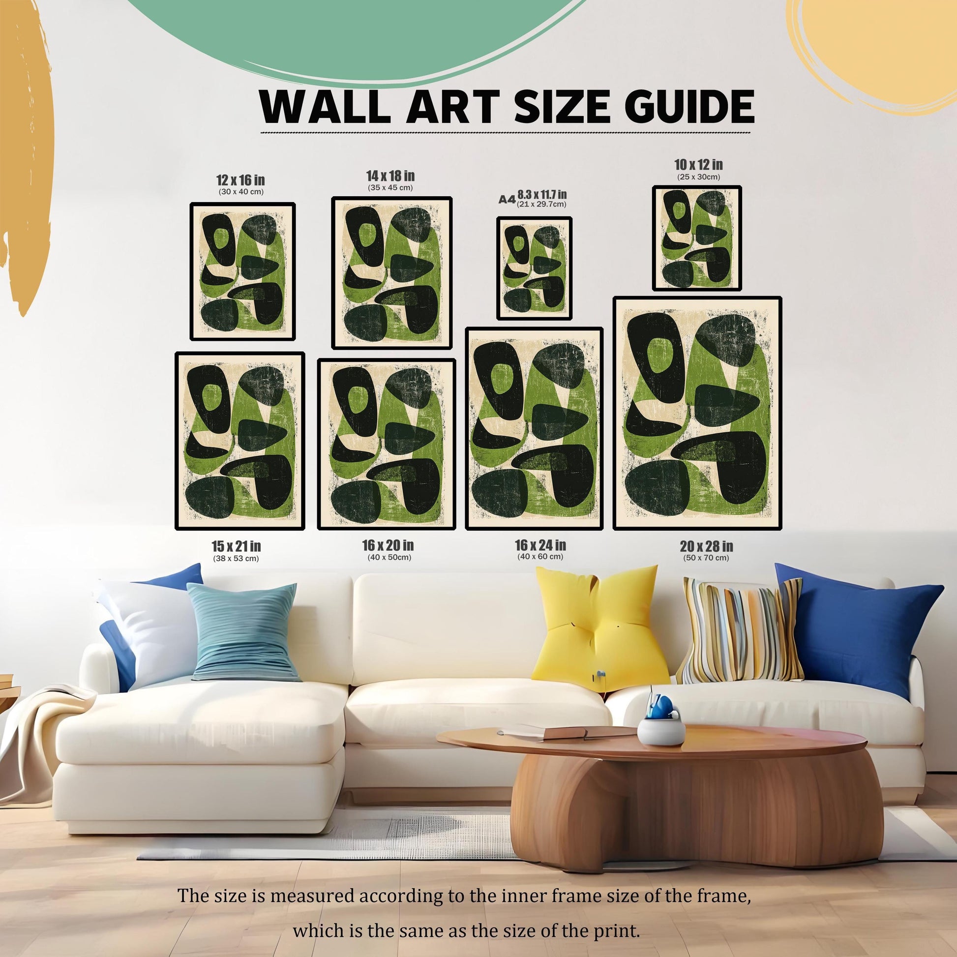 A wall art size guide showing various dimensions—ranging from A4 to 20x28 inches—of the green abstract print displayed above a modern white sectional sofa to help customers visualize scale.