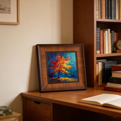 Modern square wood-framed artwork displayed on a dark wood office desk next to a bookshelf, creating a professional and warm atmosphere.