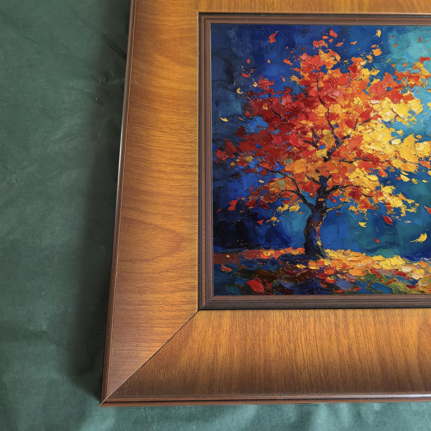 Close-up detail of a thick wood picture frame showing the natural grain and a textured oil painting of a tree with heavy brushstrokes.