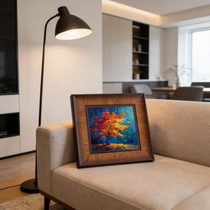 Lifestyle view of a square wooden-framed art piece sitting on a couch under the warm glow of a black designer floor lamp.