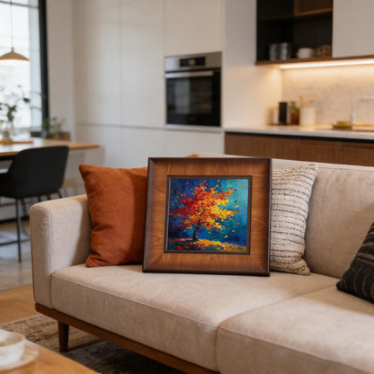 Square framed colorful tree painting propped up on a beige sofa in a modern open-concept kitchen and living area.