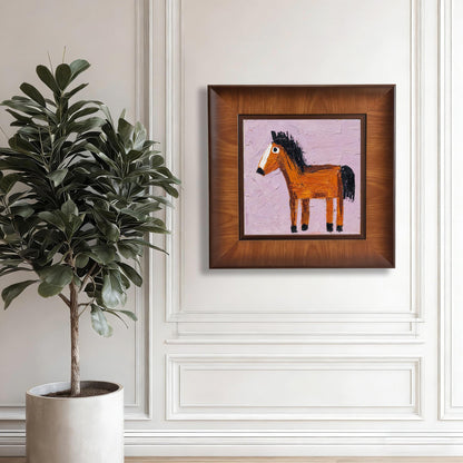 Square wood-framed horse painting in an impasto style hanging on a classic white wainscoted wall next to a large indoor plant.