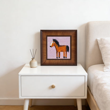 Minimalist decor featuring the wood-framed horse print sitting on a white mid-century modern nightstand next to a bed.
