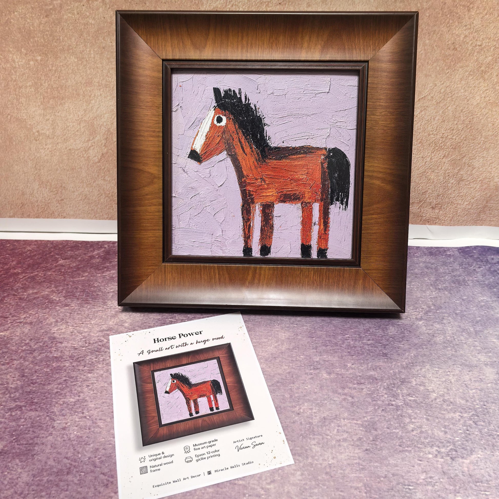 A full frontal view of the "Horse Power" framed print, showcasing a whimsical, textured oil-style painting of a brown horse on a pale purple background, paired with a rich, dark wood frame.
