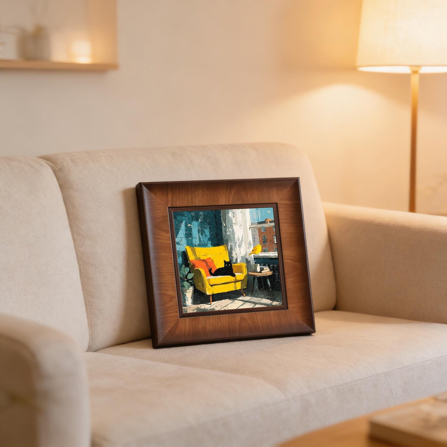 Close-up of a square wooden picture frame featuring an oil-style painting of a cat and a bird, resting on a beige sofa.