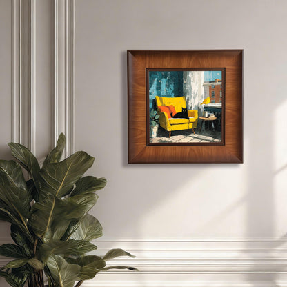 Whimsical cat wall art in a thick square wooden frame mounted on a neutral wall next to a large indoor plant.